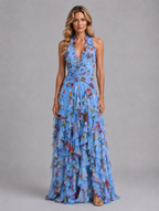 Women’s Floral Halter Maxi Dress – Wedding Guest Evening Gown — Blue