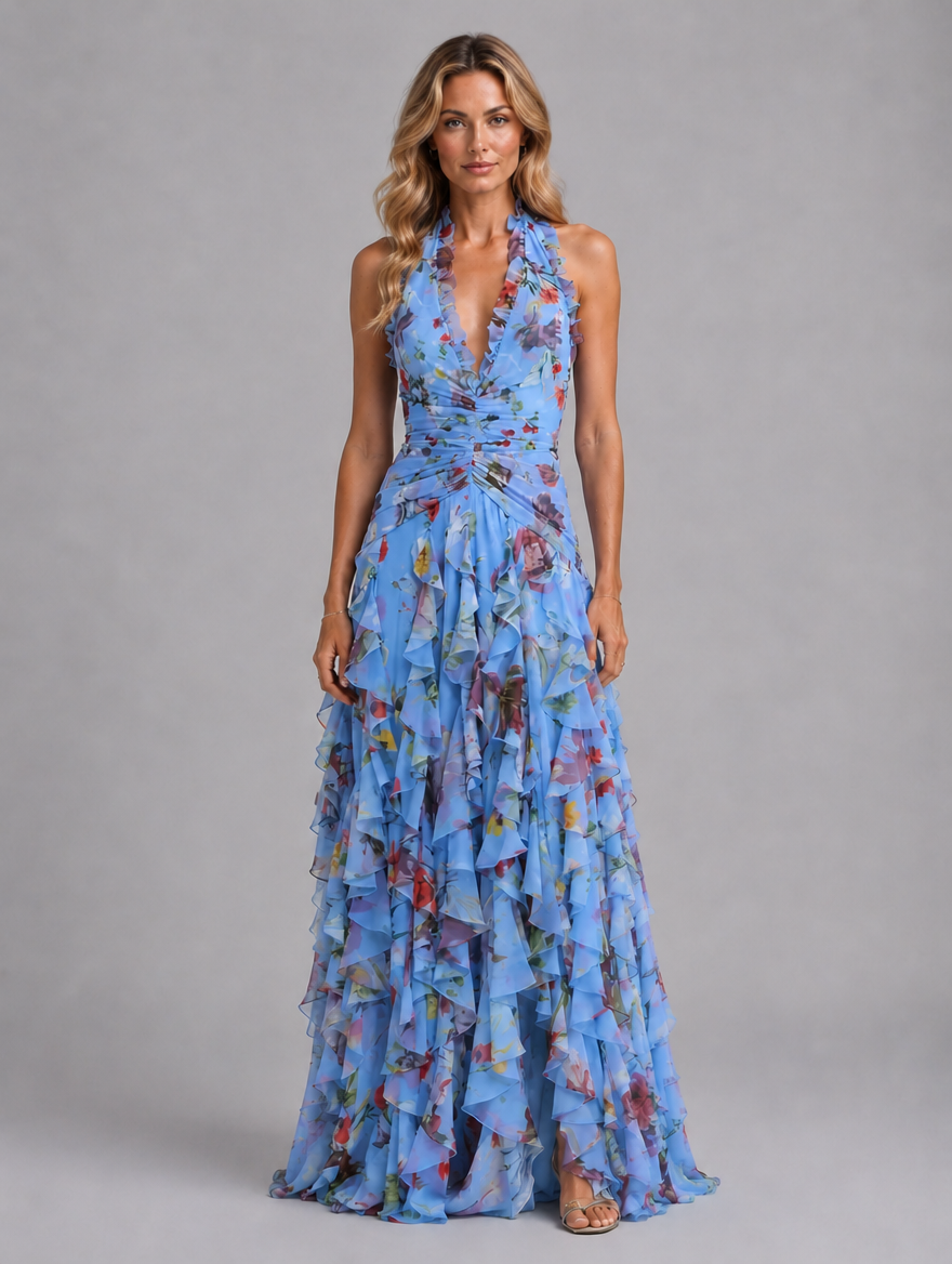 Women’s Floral Halter Maxi Dress – Wedding Guest Evening Gown — Blue