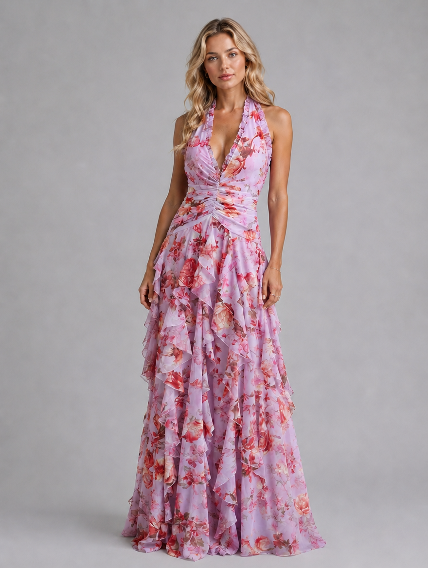 Women’s Floral Halter Maxi Dress – Wedding Guest Evening Gown — Pink