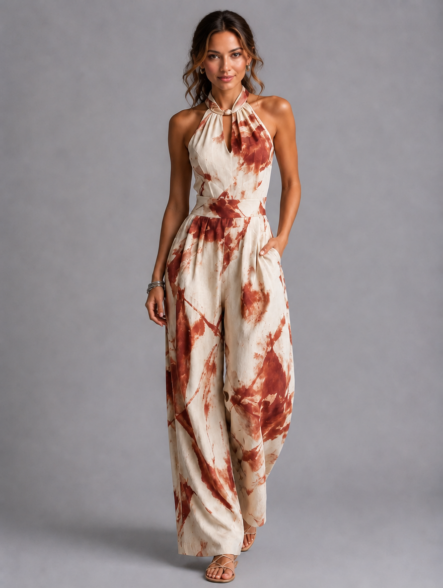 Women’s Printed Wide-Leg Jumpsuit – Relaxed Summer Fit — Red