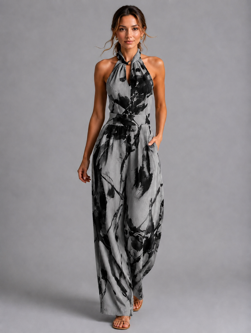 Women’s Printed Wide-Leg Jumpsuit – Relaxed Summer Fit — Black