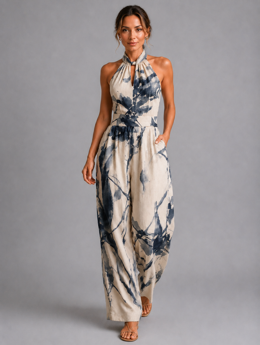 Women’s Printed Wide-Leg Jumpsuit – Relaxed Summer Fit — Blue