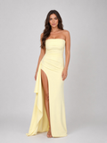 Women’s Strapless Ruched Maxi Dress with Thigh Split – Elegant Occasion Style — Yellow