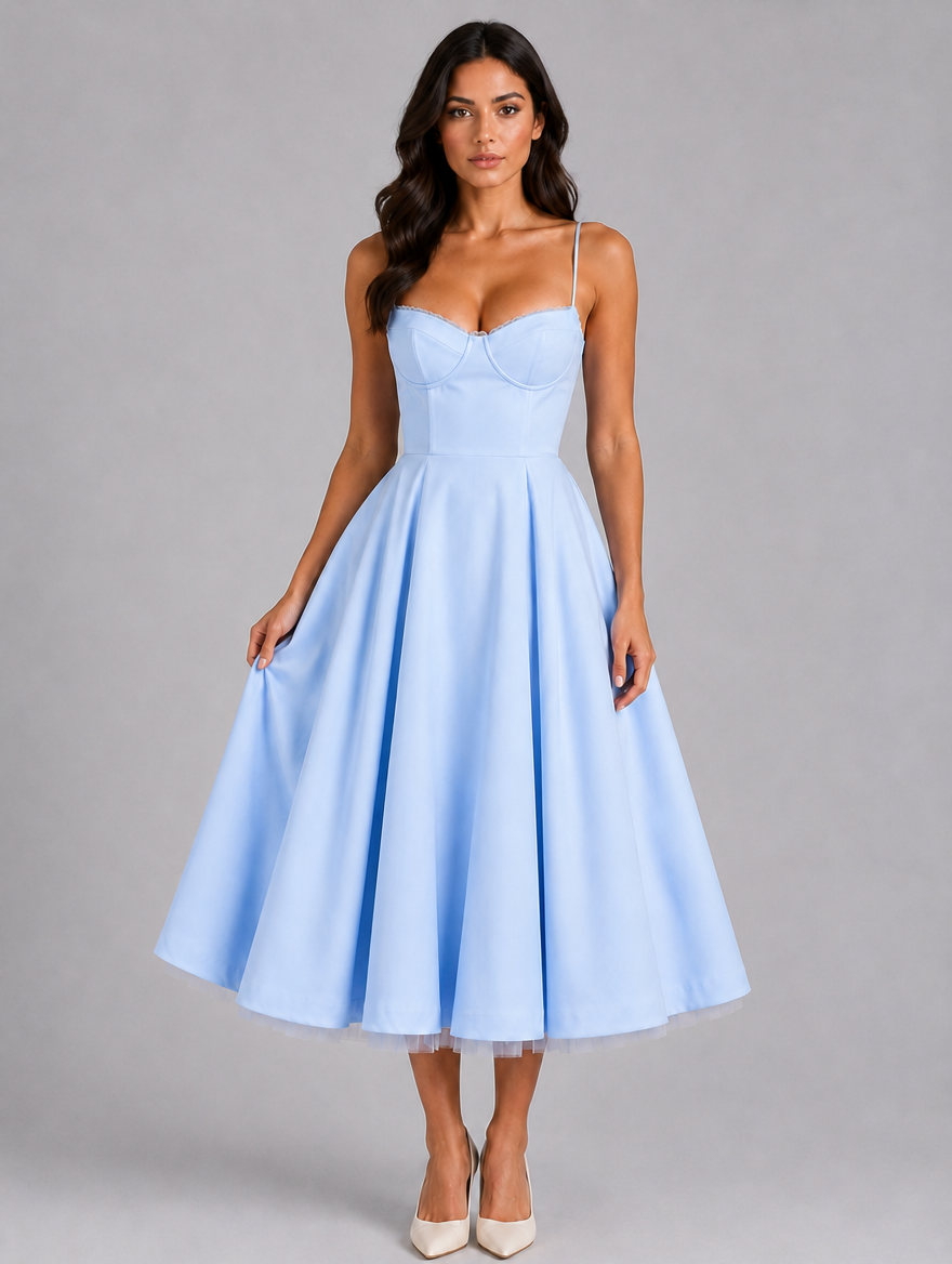 Women’s Corset Midi Dress with Full Skirt — Light Blue