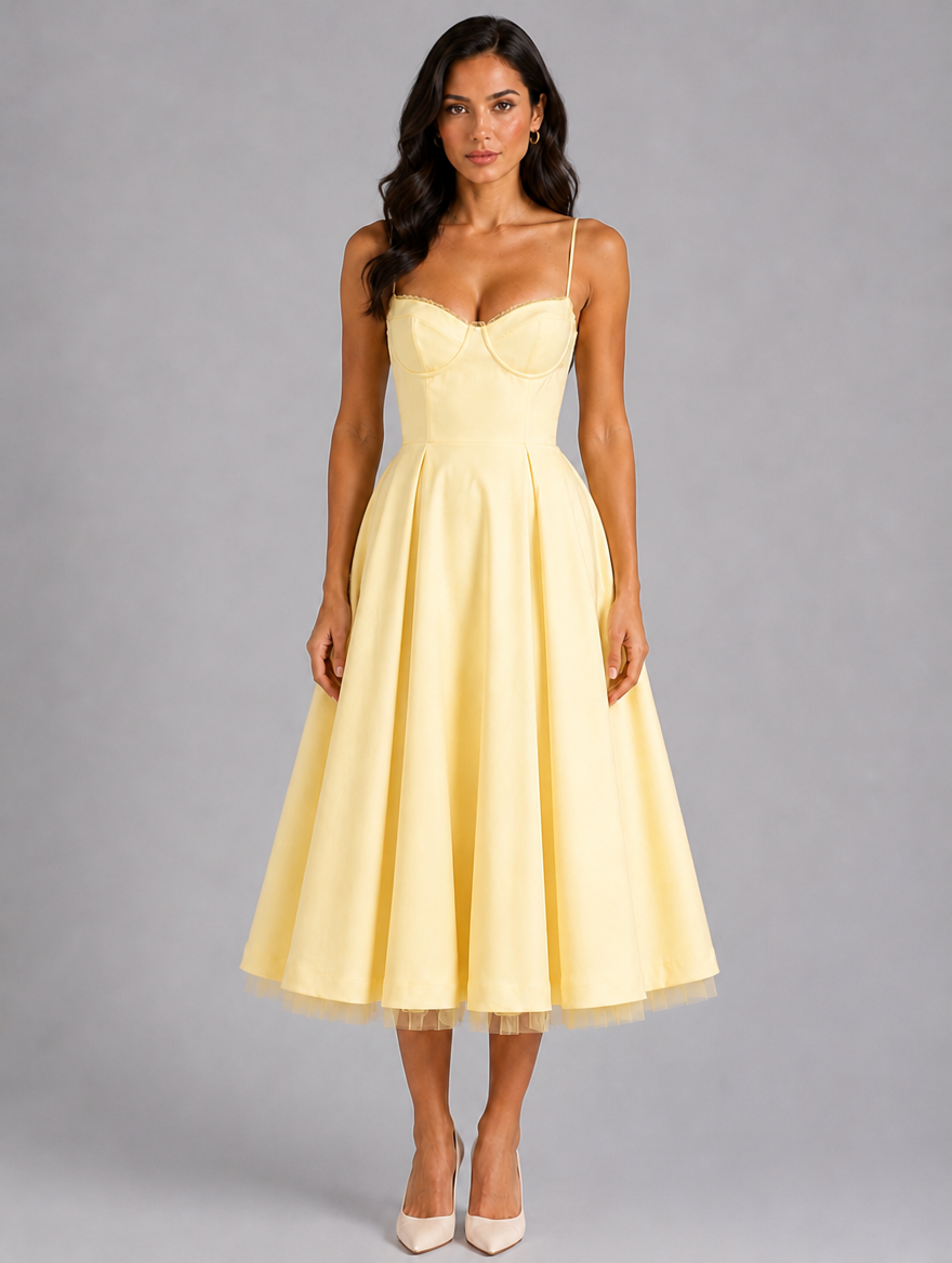 Women’s Corset Midi Dress with Full Skirt — Yellow