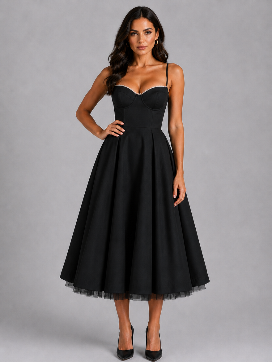 Women’s Corset Midi Dress with Full Skirt — Black