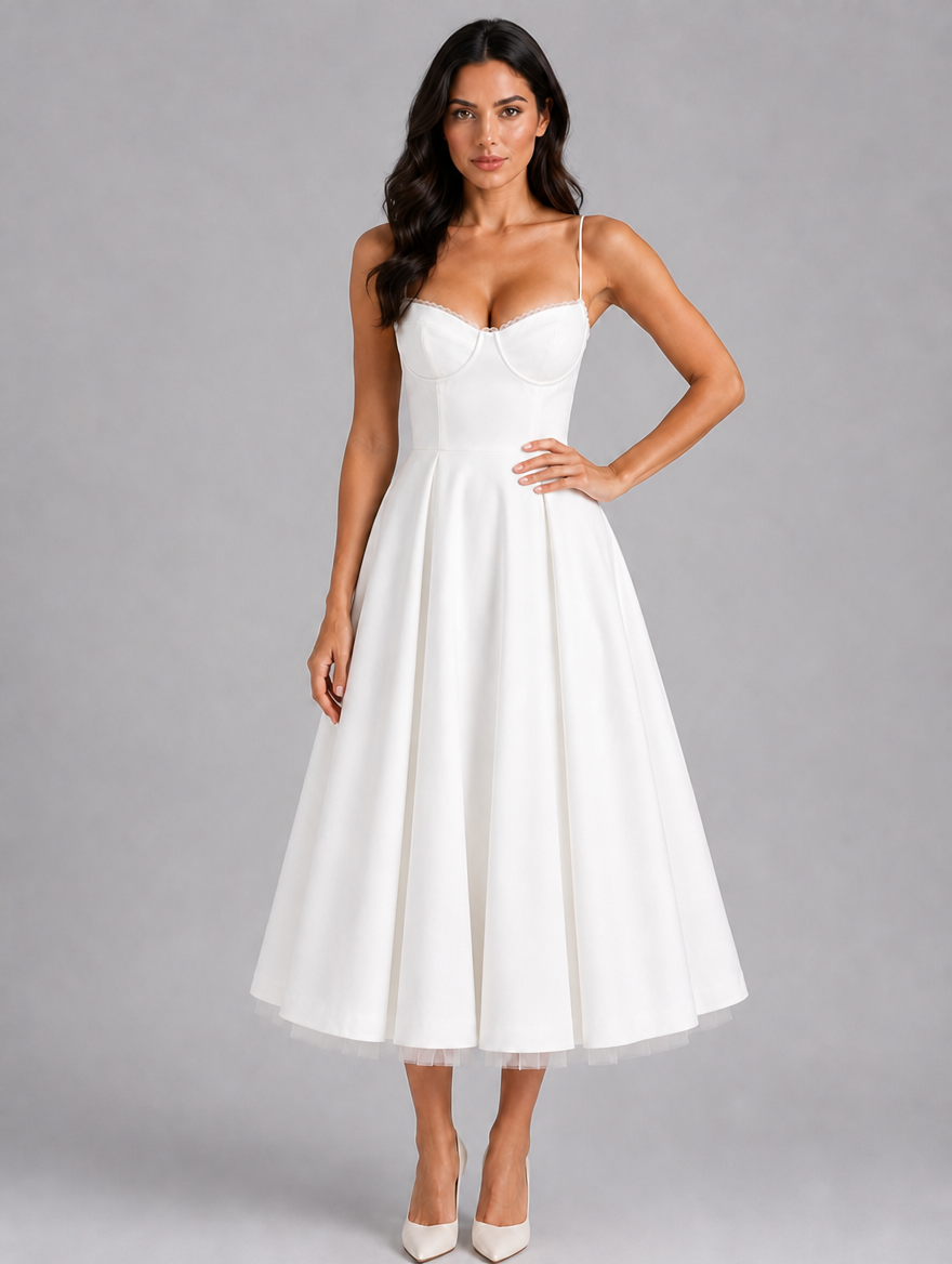 Women’s Corset Midi Dress with Full Skirt — White
