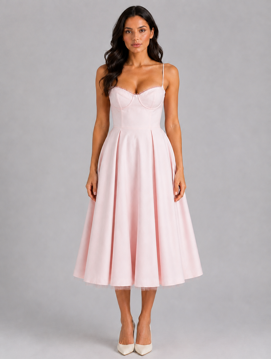 Women’s Corset Midi Dress with Full Skirt — Pink