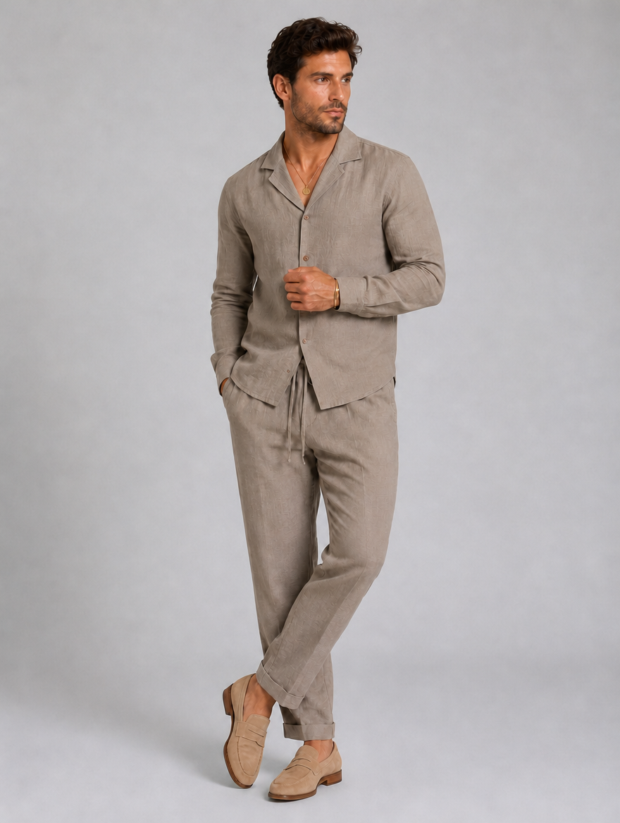 Men’s Linen Style Shirt & Trousers Set – Relaxed Tailored Fit — Khaki