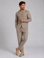 Men’s Linen Style Shirt & Trousers Set – Relaxed Tailored Fit — Khaki