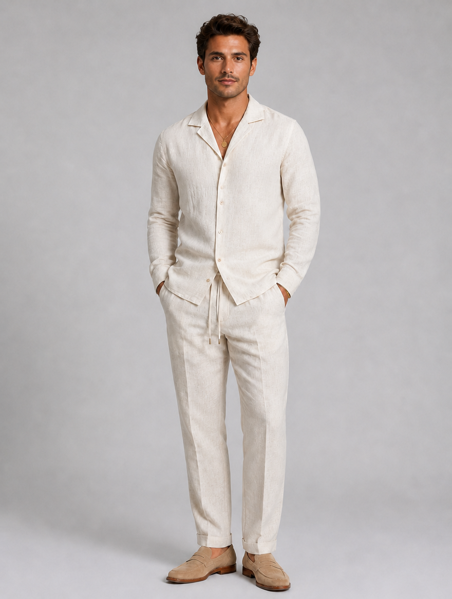 Men’s Linen Style Shirt & Trousers Set – Relaxed Tailored Fit — Beige