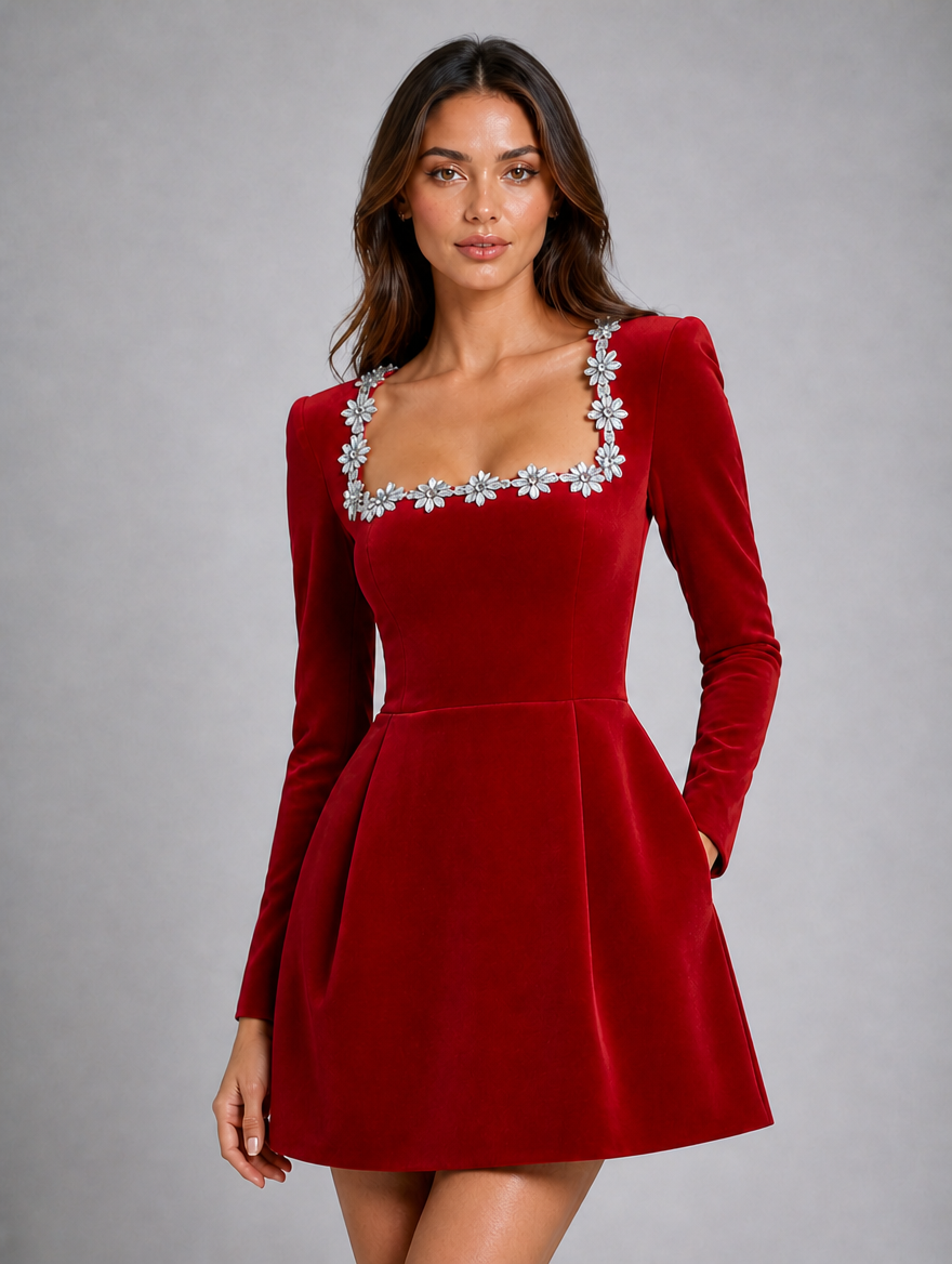 Women's Velvet Mini Dress – Crystal Embellished Square Neck Evening Dress — Red