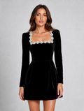 Women's Velvet Mini Dress – Crystal Embellished Square Neck Evening Dress — Black