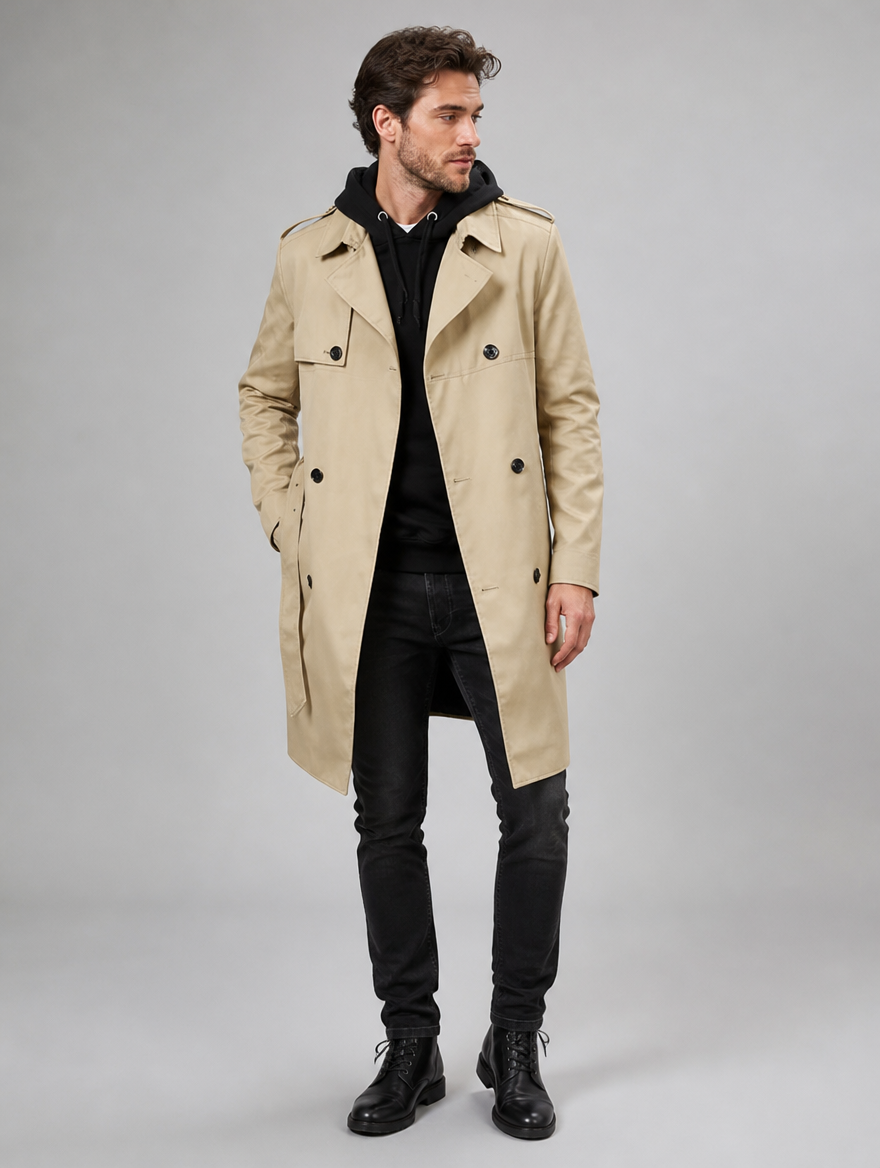 Men’s Tailored Trench Coat – Classic Double-Breasted Style — studio view