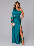 Women’s One-Shoulder Satin Feel Maxi Dress — Blue Green