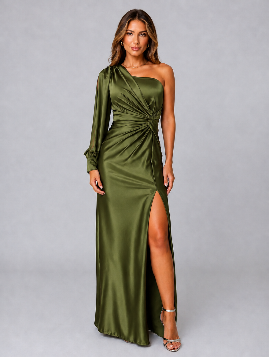 Women’s One-Shoulder Satin Feel Maxi Dress — Olive Green