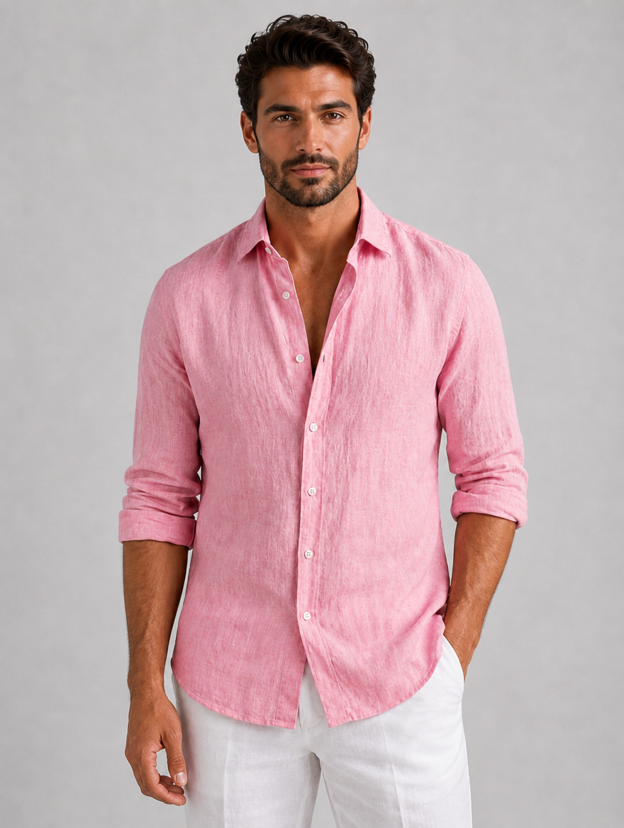 Men’s Linen Look Summer Shirt – Relaxed Fit Button-Up — Pink
