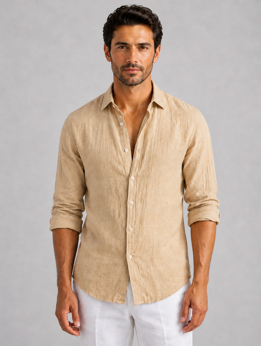Men’s Linen Look Summer Shirt – Relaxed Fit Button-Up — Beige