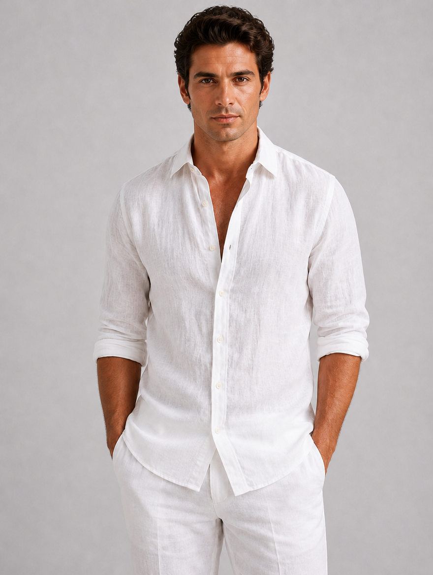 Men’s Linen Look Summer Shirt – Relaxed Fit Button-Up — White