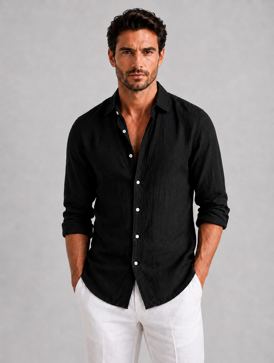 Men’s Linen Look Summer Shirt – Relaxed Fit Button-Up — Black