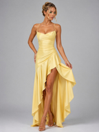 Women’s Strappy Maxi Dress with Thigh Split and Asymmetrical Hem – Elegant Evening Dress — Yellow