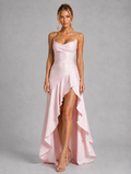 Women’s Strappy Maxi Dress with Thigh Split and Asymmetrical Hem – Elegant Evening Dress — Pink