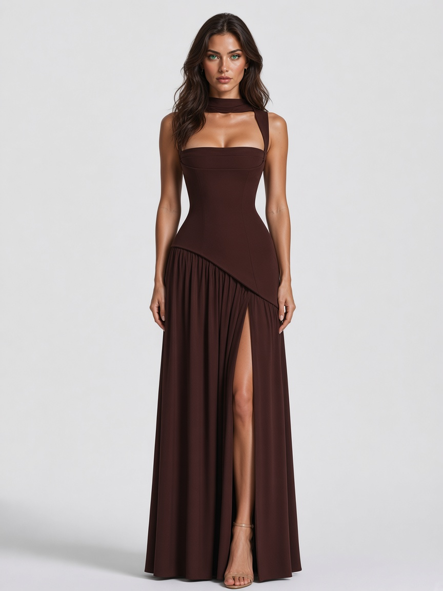 Women’s Draped Satin Feel Maxi Dress — Brown