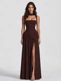 Women’s Draped Satin Feel Maxi Dress — Brown