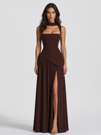 Women’s Draped Satin Feel Maxi Dress — Brown