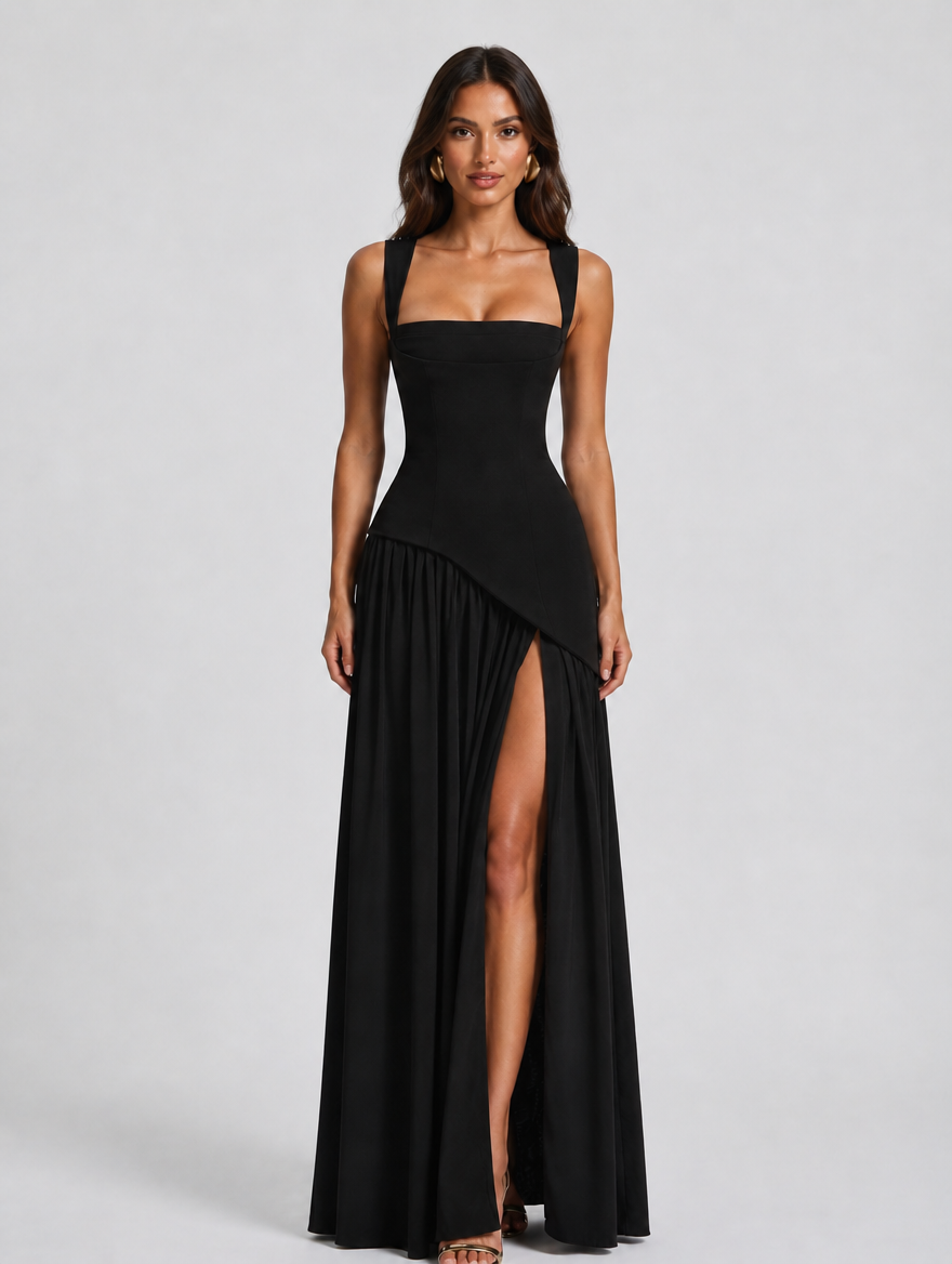 Women’s Draped Satin Feel Maxi Dress — Black