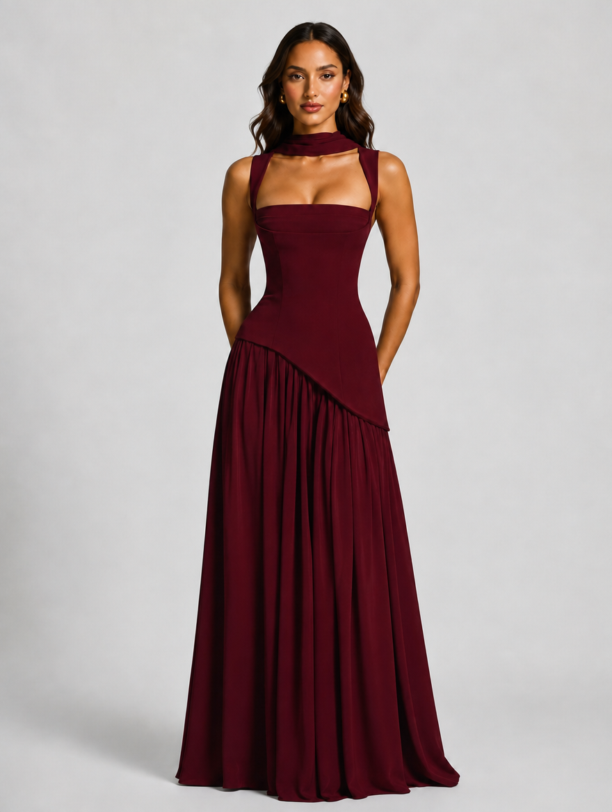 Women’s Draped Satin Feel Maxi Dress — Burgundy