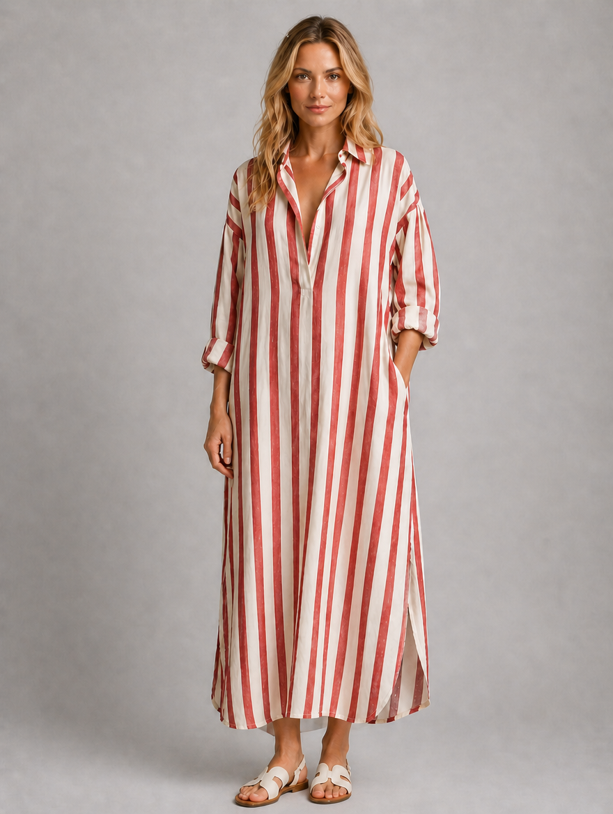 Women’s Striped Shirt Dress with Pockets – Long Relaxed Fit — Red
