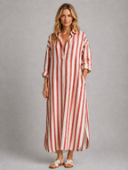 Women’s Striped Shirt Dress with Pockets – Long Relaxed Fit — Red