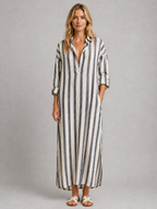 Women’s Striped Shirt Dress with Pockets – Long Relaxed Fit — Blue