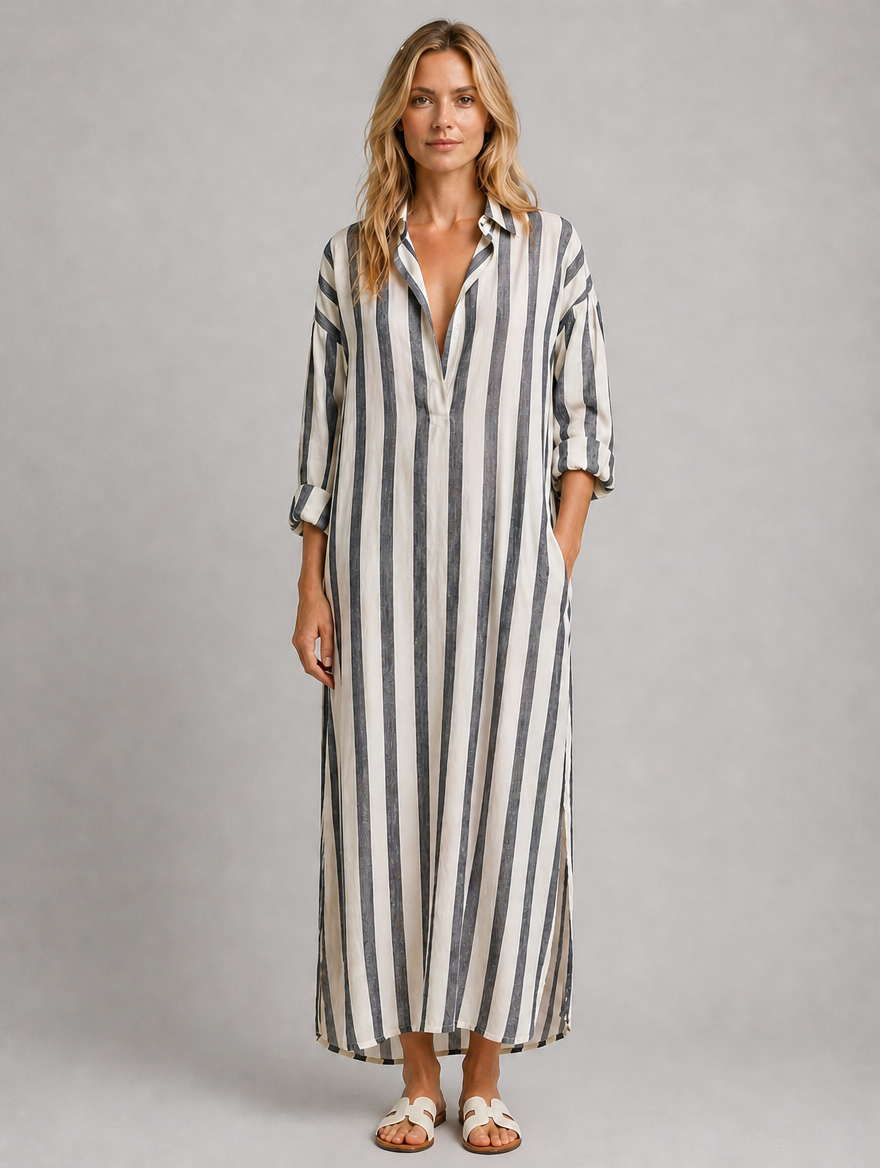 Women’s Striped Shirt Dress with Pockets – Long Relaxed Fit — Blue