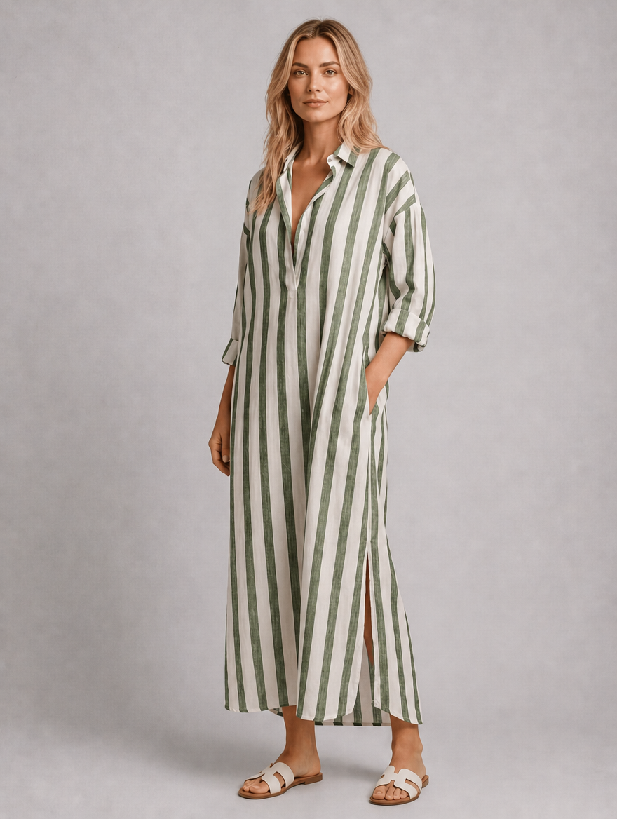 Women’s Striped Shirt Dress with Pockets – Long Relaxed Fit — Green