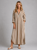 Women’s Striped Shirt Dress with Pockets – Long Relaxed Fit — Brown