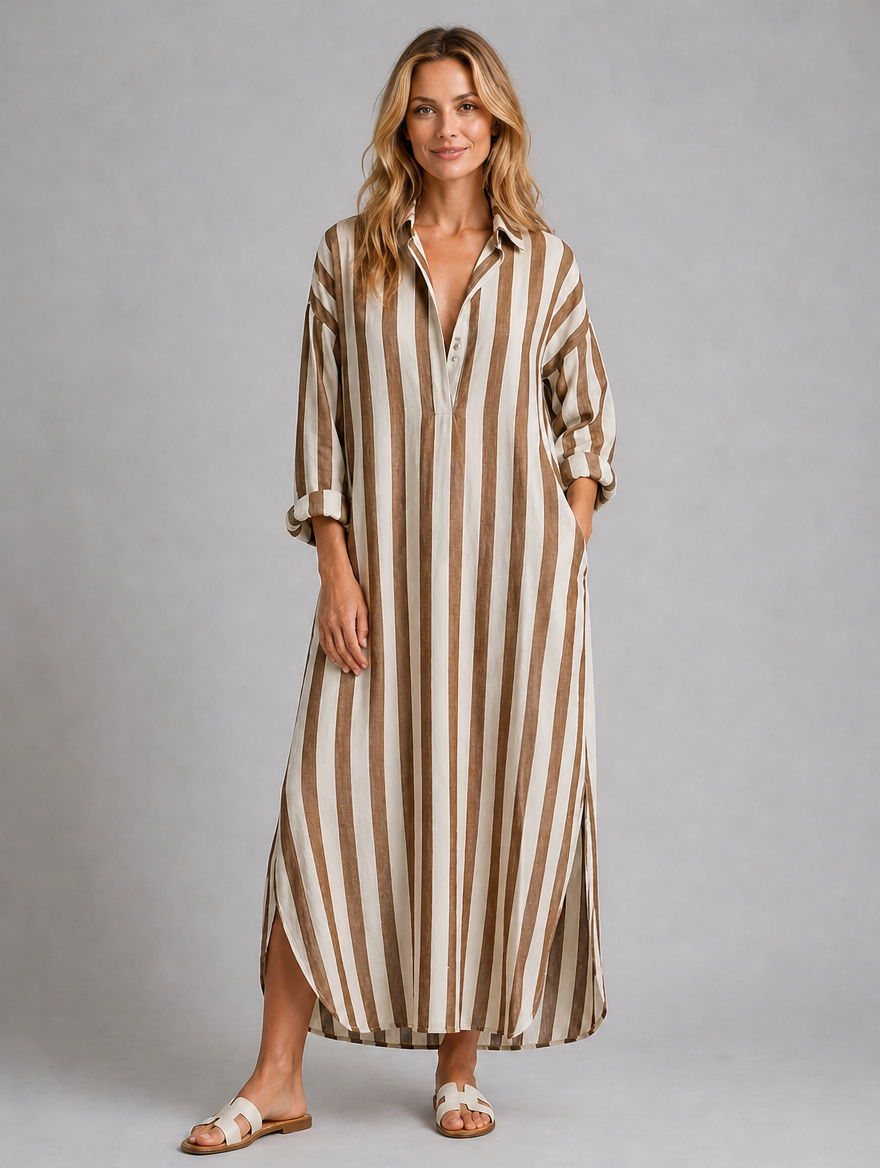Women’s Striped Shirt Dress with Pockets – Long Relaxed Fit — Brown