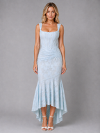 Women’s Ruched Lace Midi Dress – Sculpted Bodycon Fit — Light Blue