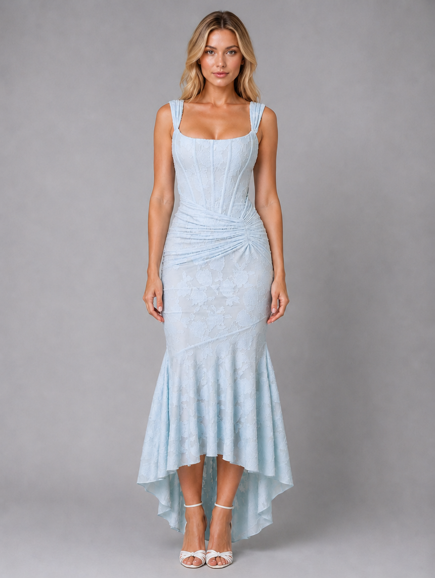 Women’s Ruched Lace Midi Dress – Sculpted Bodycon Fit — Light Blue