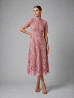 Women’s Lace Midi Dress – High Neck Elegant A-Line Silhouette — Pink