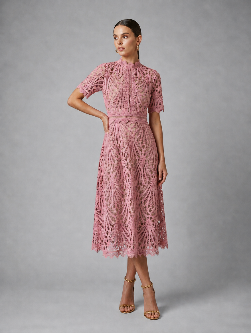 Women’s Lace Midi Dress – High Neck Elegant A-Line Silhouette — Pink