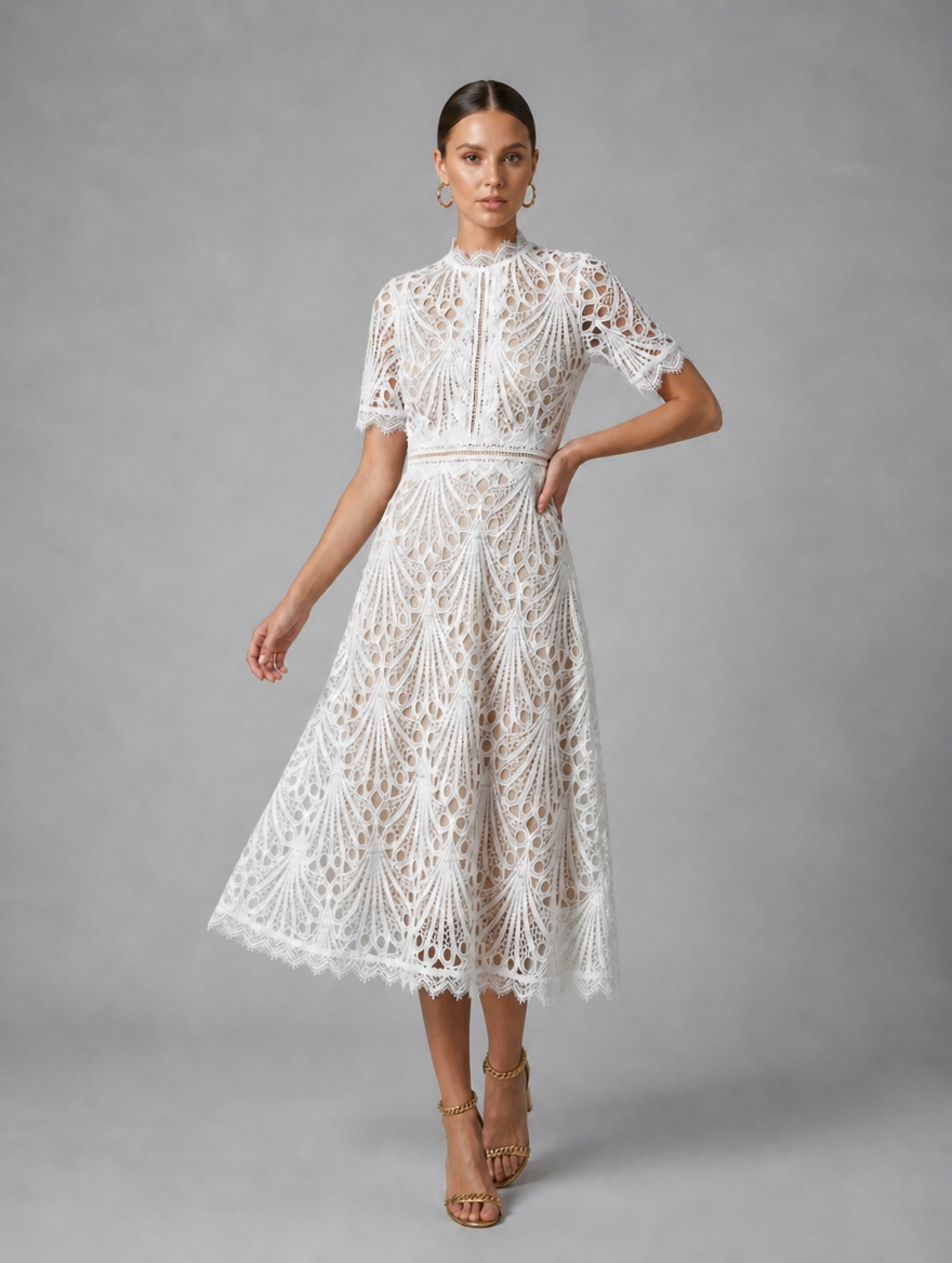 Women’s Lace Midi Dress – High Neck Elegant A-Line Silhouette — White