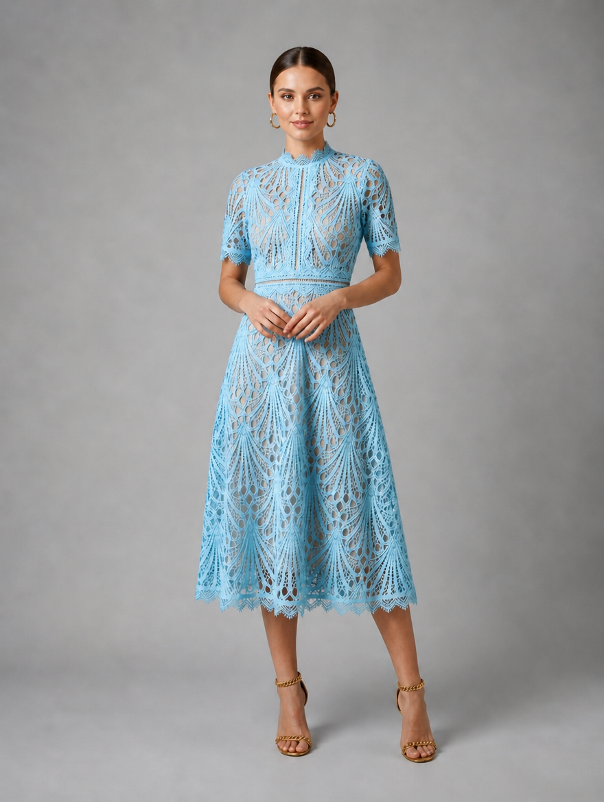 Women’s Lace Midi Dress – High Neck Elegant A-Line Silhouette — Light Blue