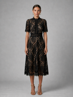 Women’s Lace Midi Dress – High Neck Elegant A-Line Silhouette — Black
