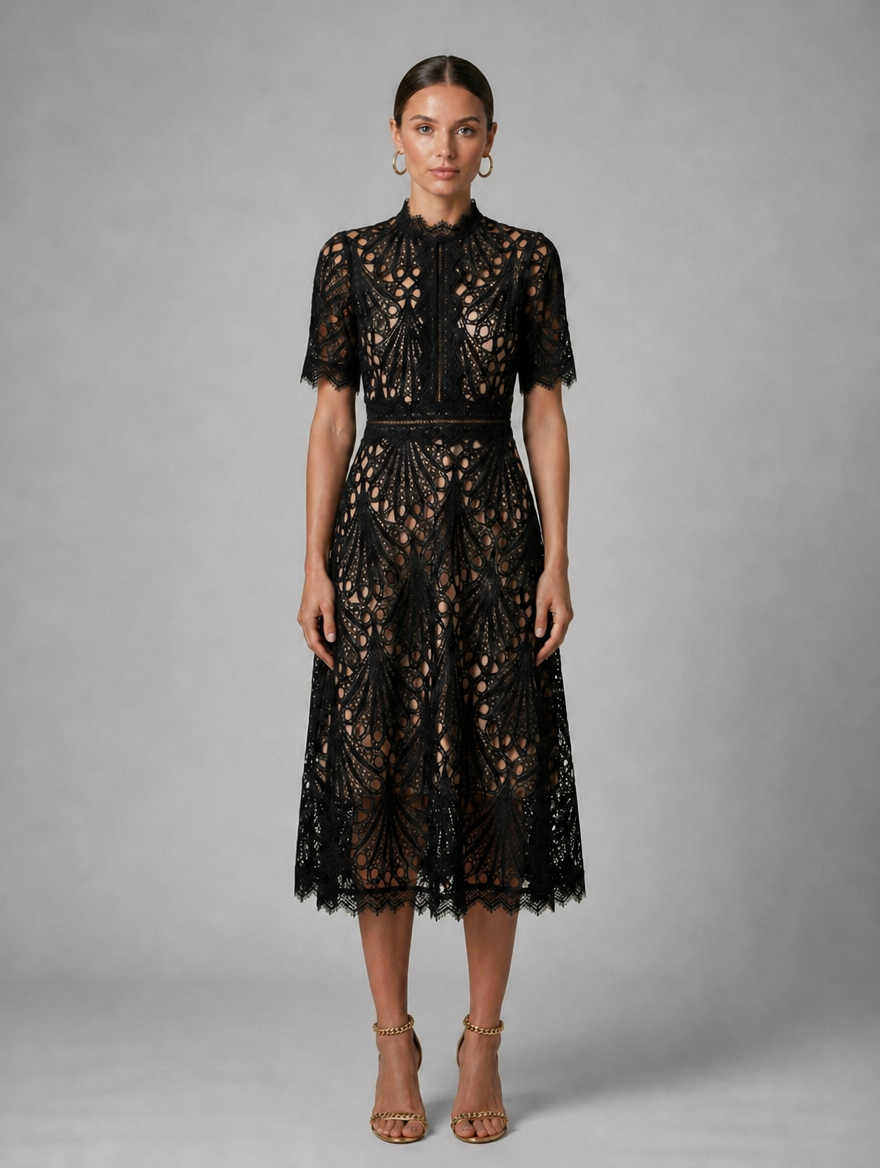 Women’s Lace Midi Dress – High Neck Elegant A-Line Silhouette — Black