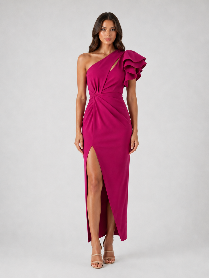Women’s Sculpting One-Shoulder Midi Dress – Ruffle Detail — Rose Red