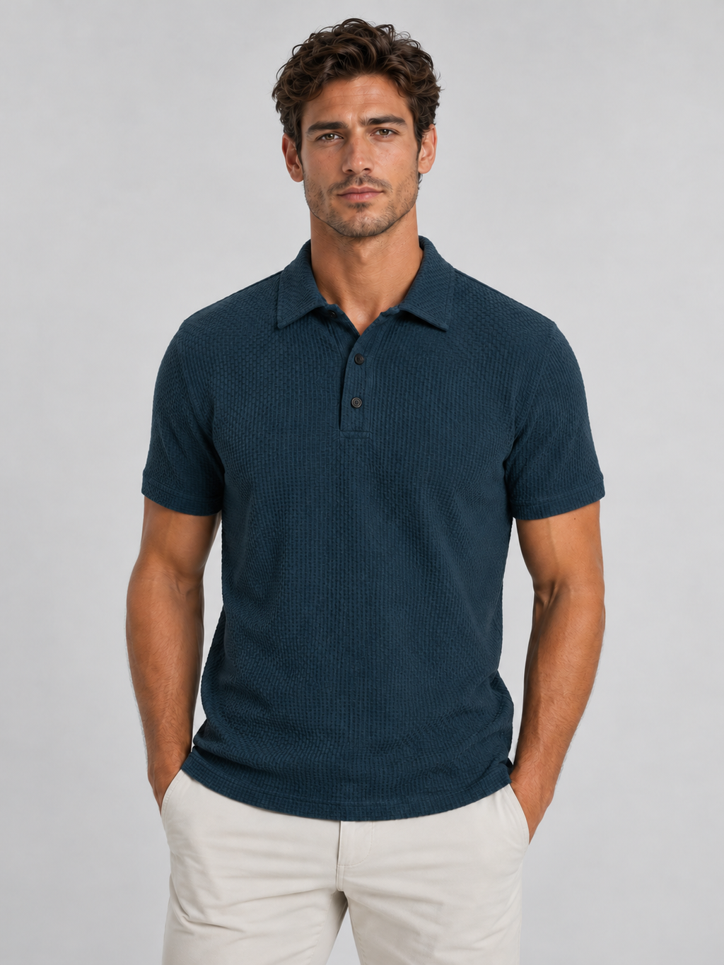 Men's Textured Knit Polo Shirt – Smart Casual Style — Deep Teal