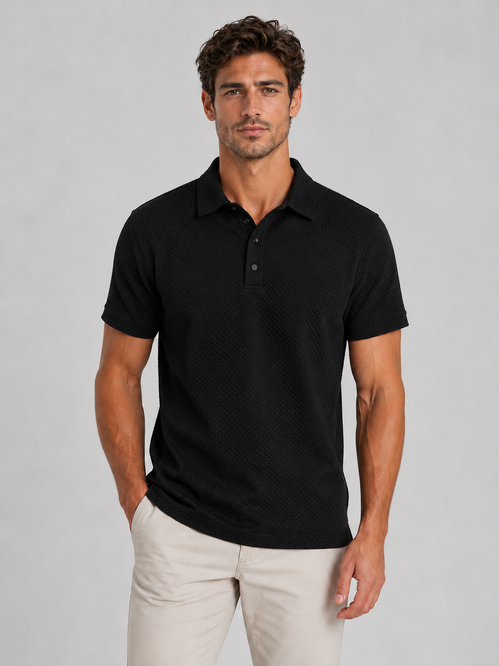 Men's Textured Knit Polo Shirt – Smart Casual Style — Black