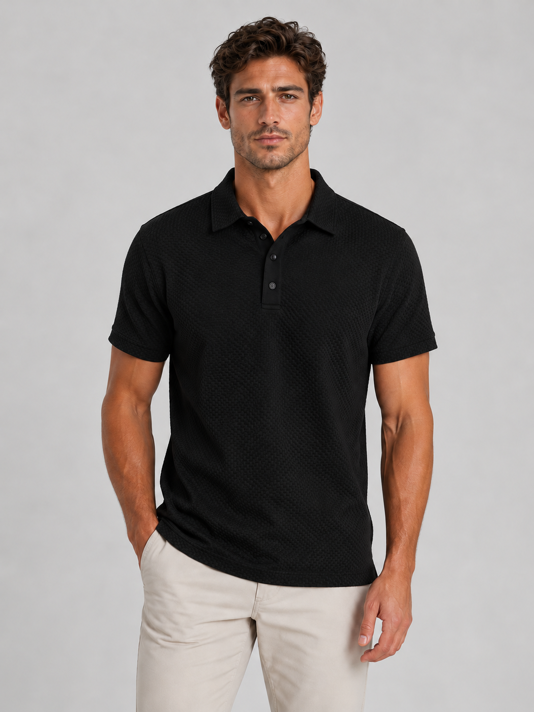 Men's Textured Knit Polo Shirt – Smart Casual Style — Black